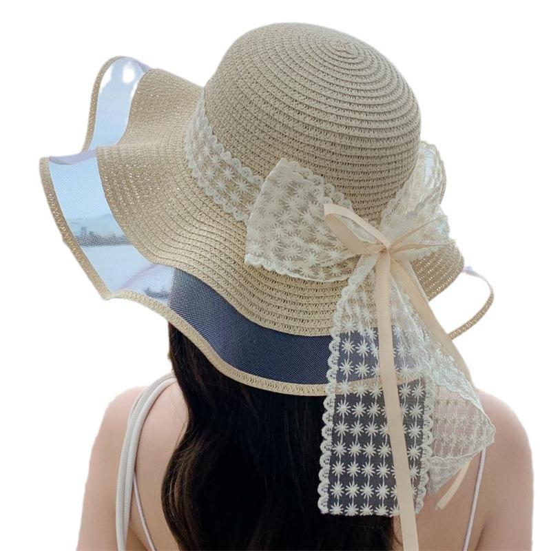 Small Fresh and Sweet Seaside Bow Mesh Sand Sunscreen Straw Hat Wavy Ribbon Fashion Streamer Large Brim Sun Hat