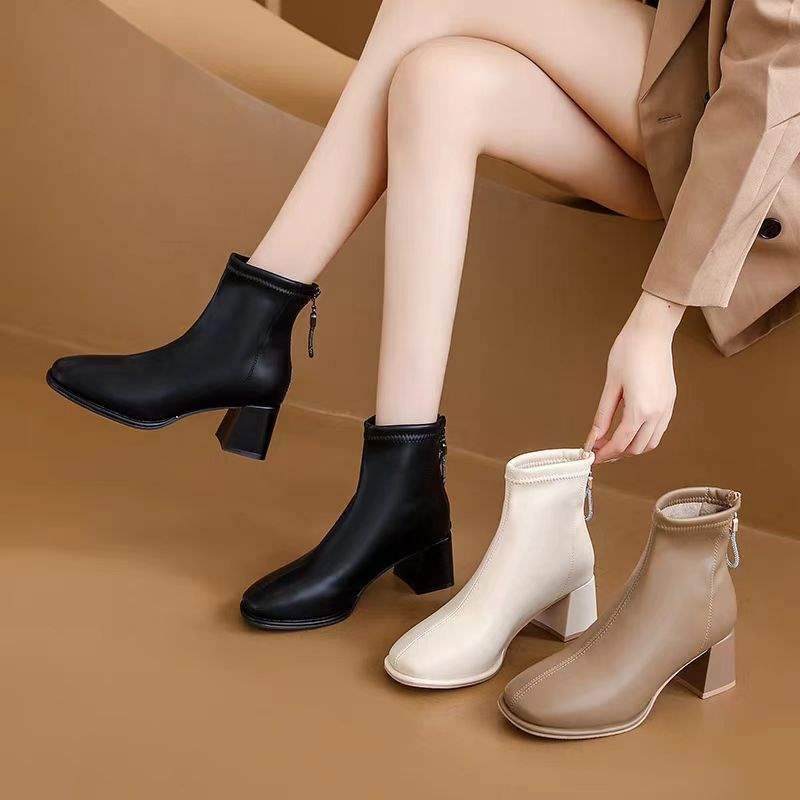French soft leather short boots ankle boots 2025 new autumn and winter thick heel Martin boots square head velvet short tube thin boots women