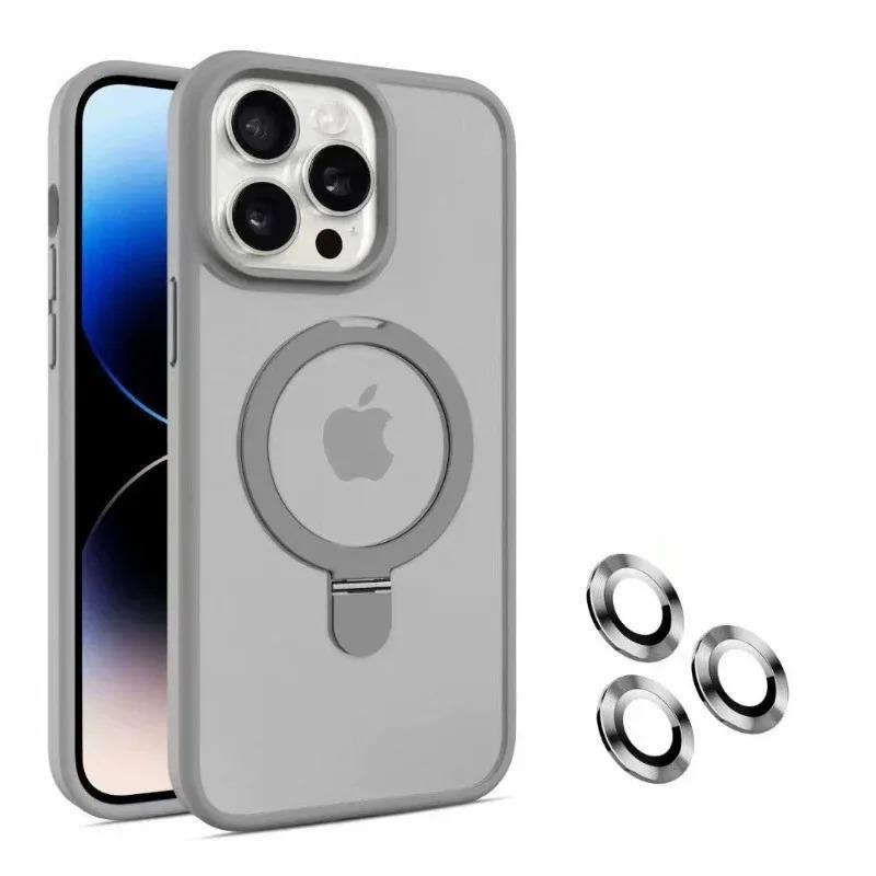 Mat Halka Tutucu Cam Lens Telefon Kılıfı iPhone 15 14 13 12 11 Pro Max Plus Magsafe Kablosuz Manyetik Sert Tampon Kapak