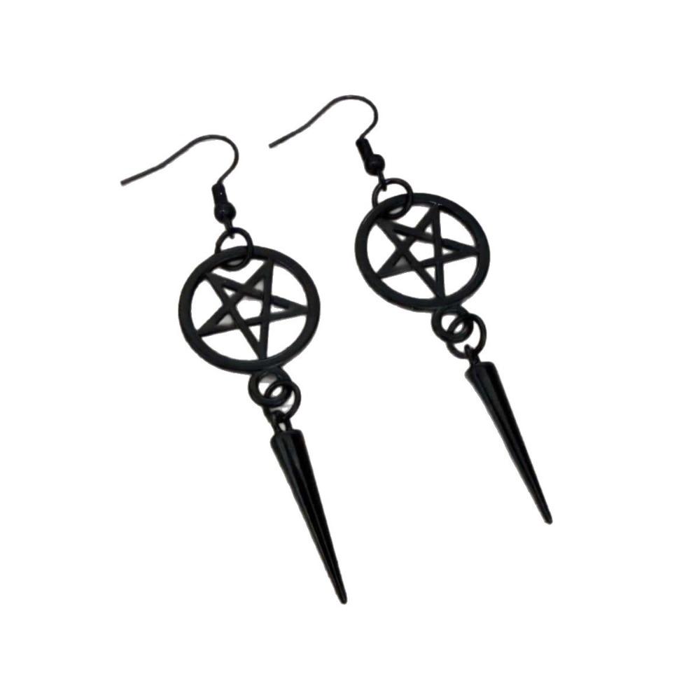 Gothic Black Long Rivet Tassels Pointed Five-pointed Star Symbol Dangle Earrings for Women Halloween Party Jewelry Accessories