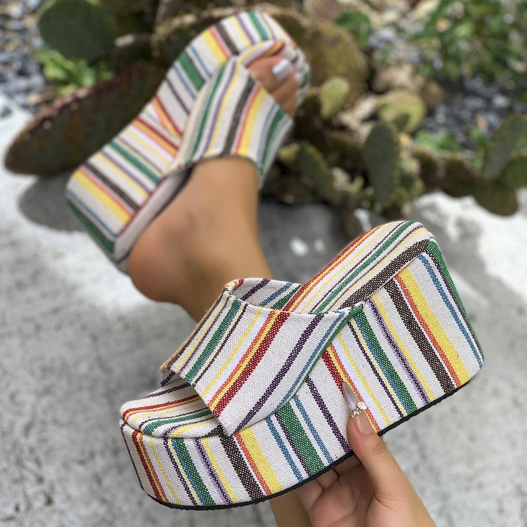 Women's Wide Width Stripe Slides, Platform Wedge Slippers, Autumn Outdoor Mules for Women