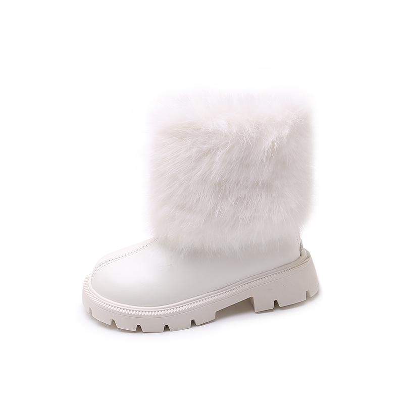 Módní dívčí kožené kozačky do půl lýtka na podzim/zimu 2025 s kožešinovou lemovkou a měkkou podrážkou