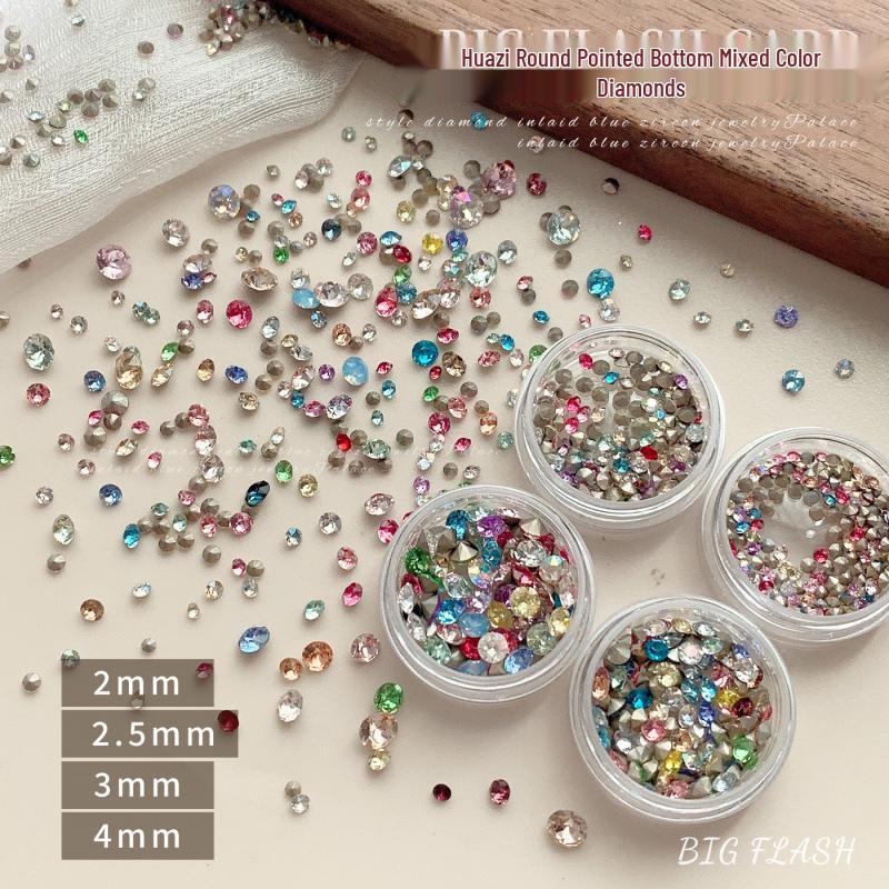 33-Cut Colored Pointed Rhinestones for Nail Art - Dazzling Multi-Faceted Round Stones, Ideal for DIY Filling and Stacking.