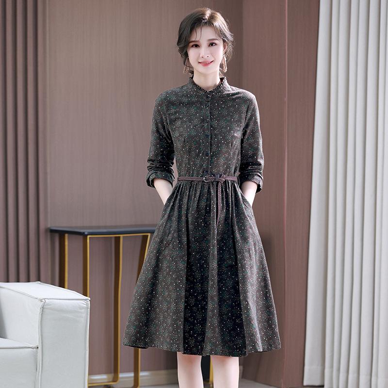 

Женское приталенное платье из 100% хлопка с цветочным принтом и воротником с оборкой - Весна/Осень 2025 XL (recommended 115-125 jin) кофейный