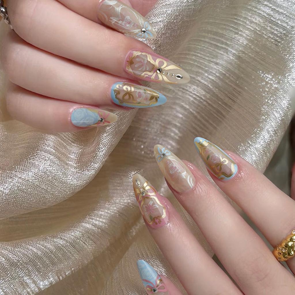 Artistic French Blue Waveing Fake Nail Almond Shapeds ABS Material Comfortable Wear No Tools Required