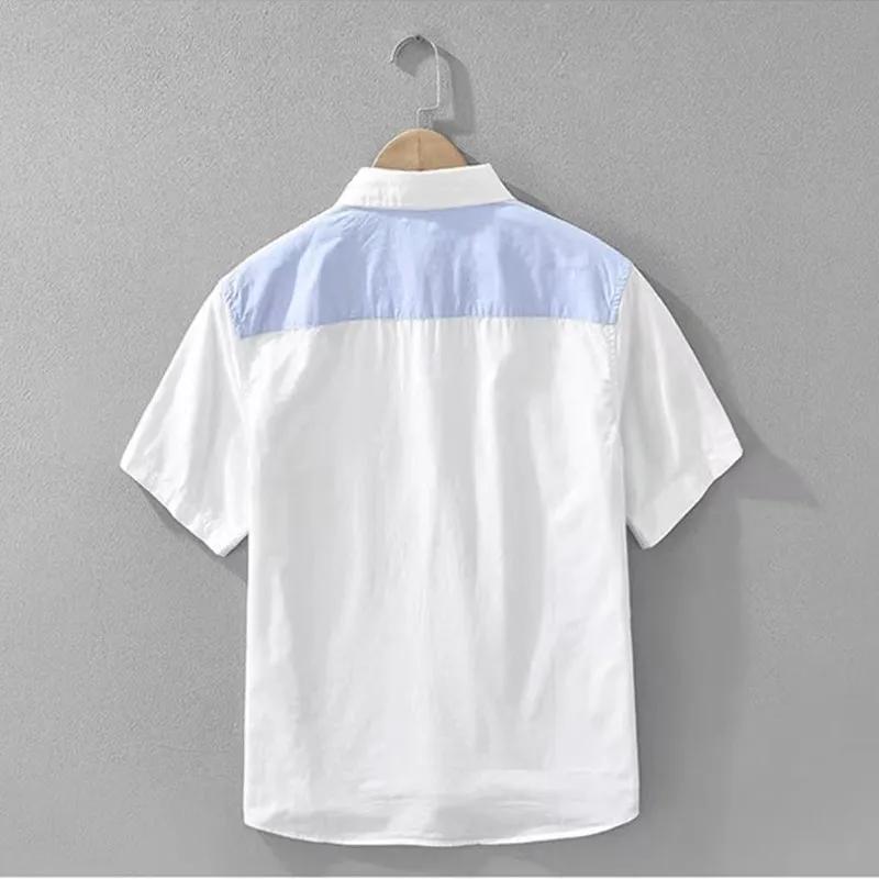 Men's Color Block Short Sleeve Shirt Casual Cotton Button Down Top with Embroidery