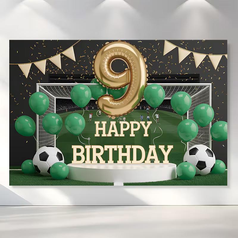 2D Soccer 9th Birthday Backdrop, Football Field Party Background for Boys