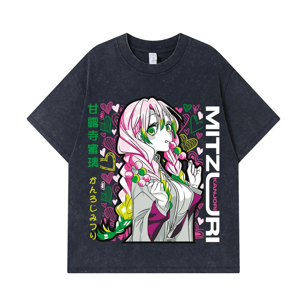 275 GSM Washed T-shirts 100% Cotton Demon Slayer V102 Mitsuri Print Unisex Heavy Cotton T Shirt