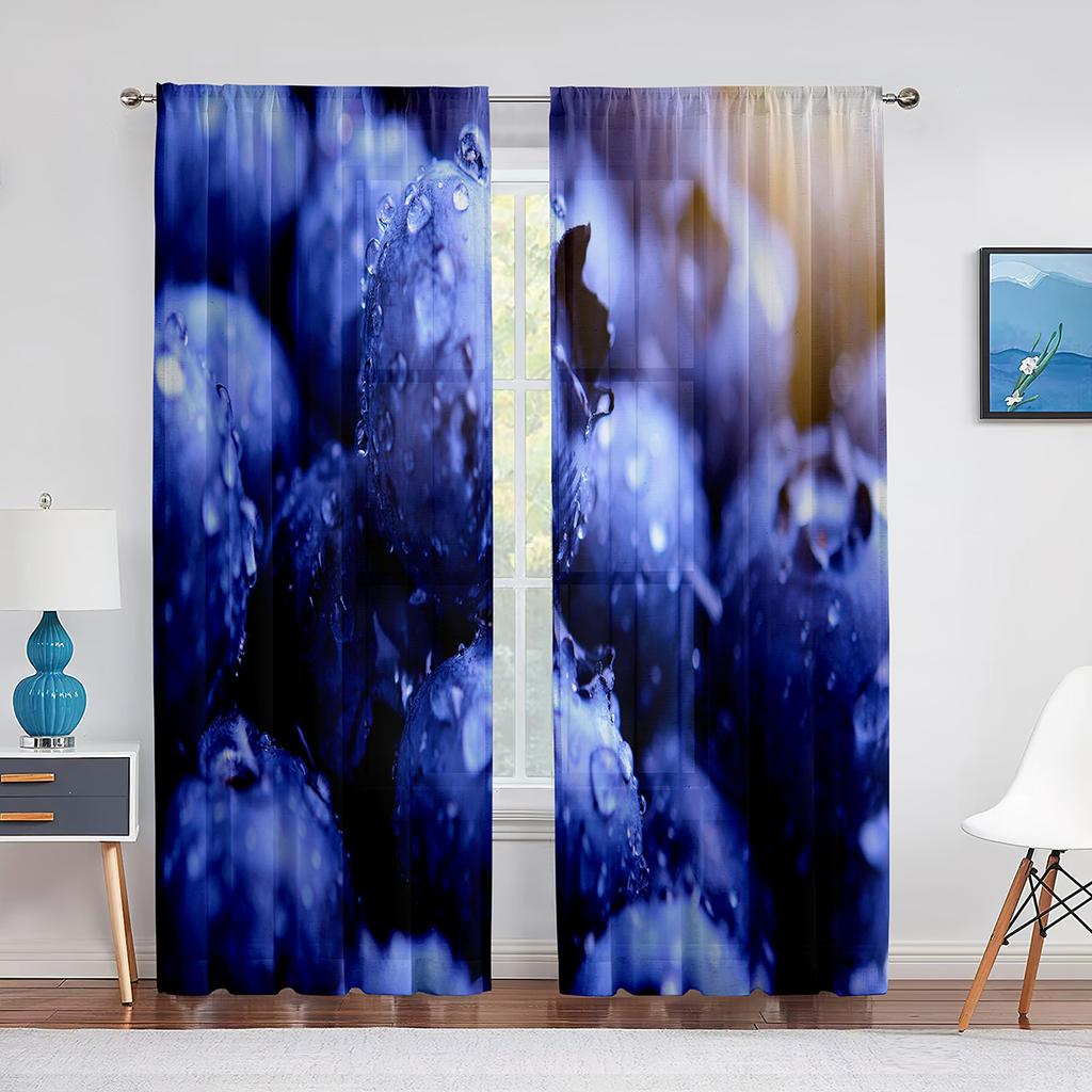 Blueberries Fruit Green Leaf Tulle Curtains for Living Room Bedroom Decoration Chiffon Sheer Voile Kitchen Window Curtain Drapes