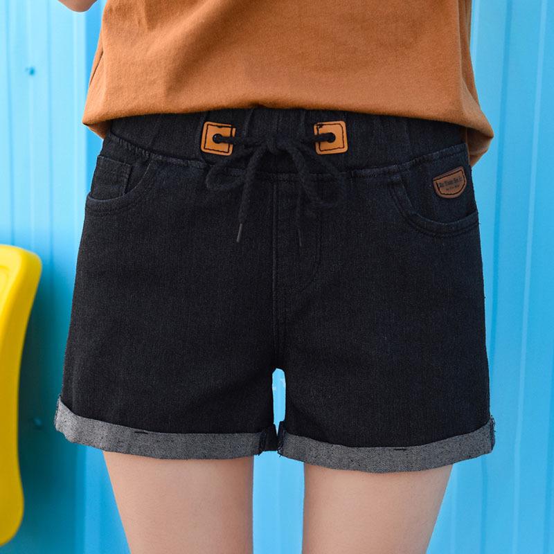 

Women s Spring/Summer 2025 Denim Shorts with Elastic Waist and Drawstring, Available in Dark Blue and Grey-Black, Rolled Cuffs. Medium