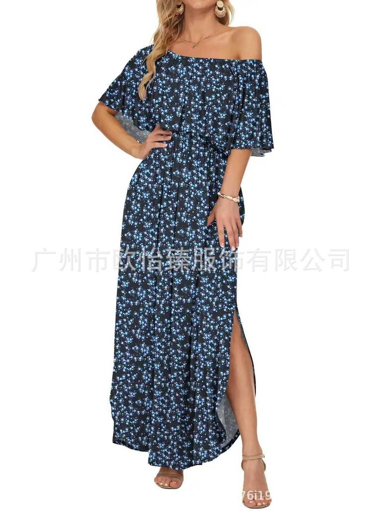 Summer new printed one-word shoulder short-sleeved long dress