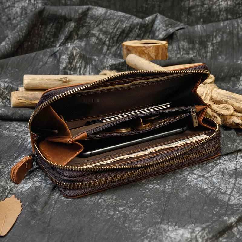 New Fashion Double Layer Leather Long Purse Vintage Cowskin Zipper Wallet With Wristband Men Women Retro Fashion Zip Wallets