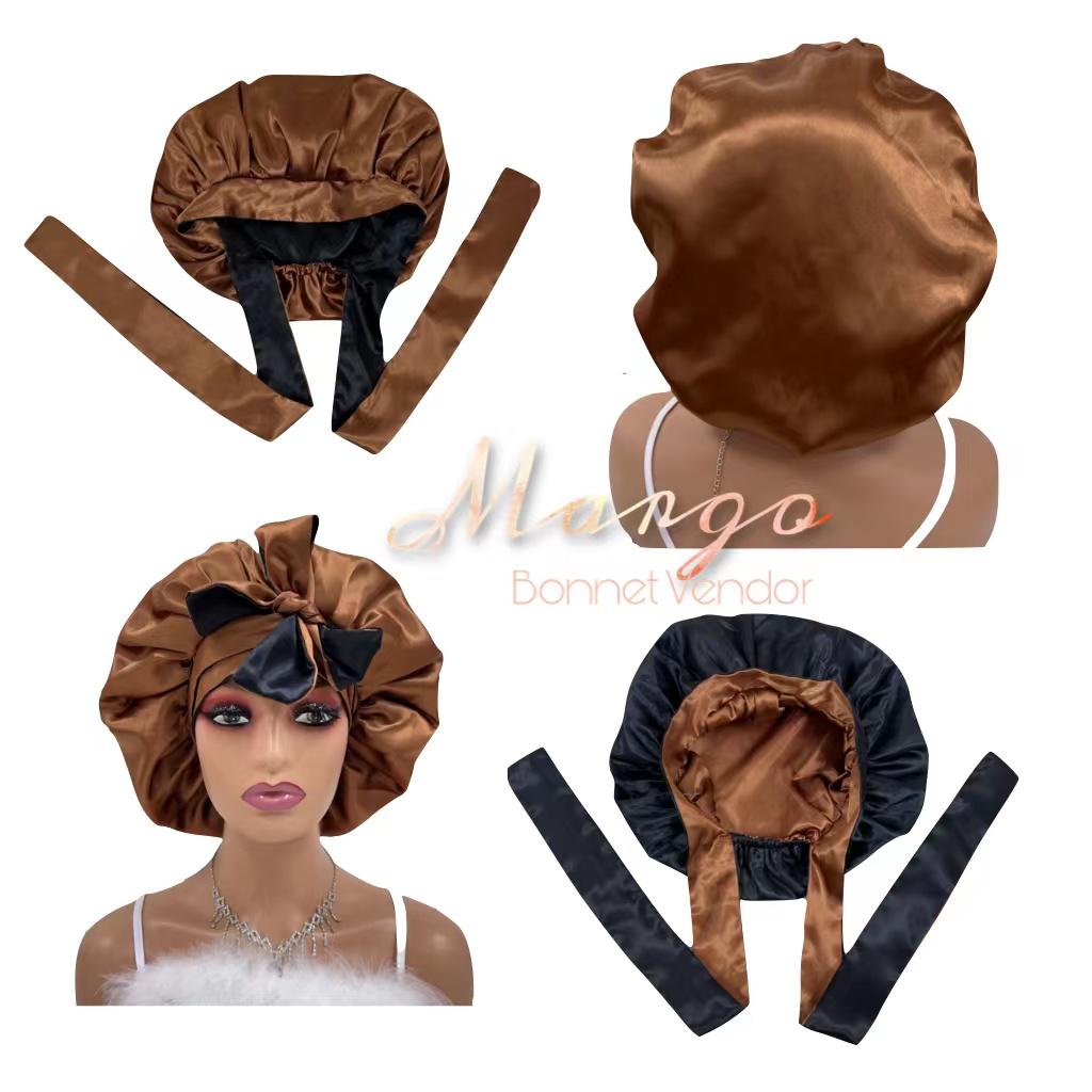Custom Brown and Black Satin Bonnets with logo Reversible Silk Hair Mommy and Me Bonnets Wholesale серый
