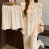 French Court Style Summer Round Neck Pajamas Women'S Short-Sleeved Three-Piece Temperament Girl Cloud Cotton Loungewear
