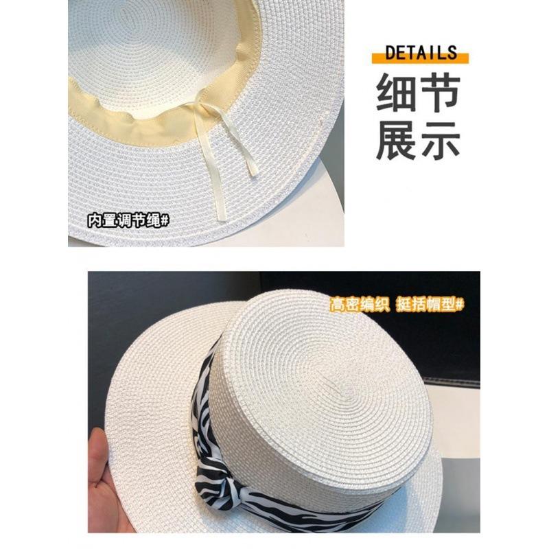 New flat top top hat women's summer French retro zebra pattern braided sun hat outdoor vacation sun hat