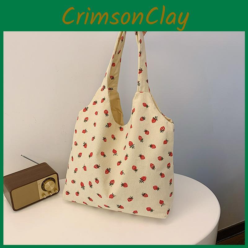 Trendy 2024 Canvas Strawberry Tote Bag Fashionable Soft Shoulder Bag For Women