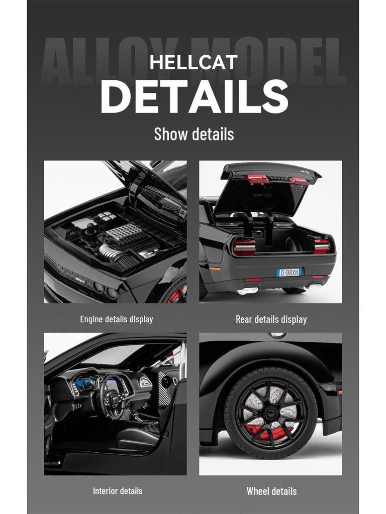 1:24 Hellcat Challenger Alloy Sports Car Model with Sound, Light, Pull-Back, and Openable Doors.
