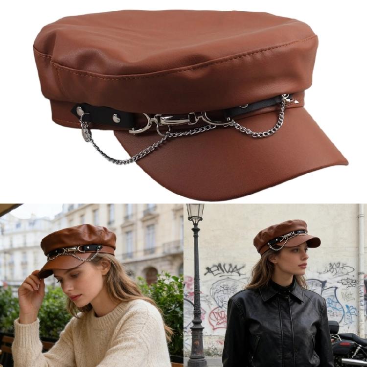 Trendy Style PU Leather Beret with Chain Detail Adjustable Size for Fashion Enthusiasts