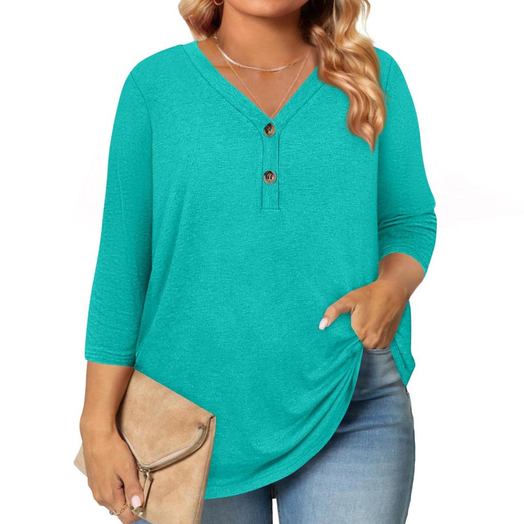3/4 Length Sleeve Womens Tops Plus Size Button Down V Neck Shirts Blouses Casual Solid Color Loose