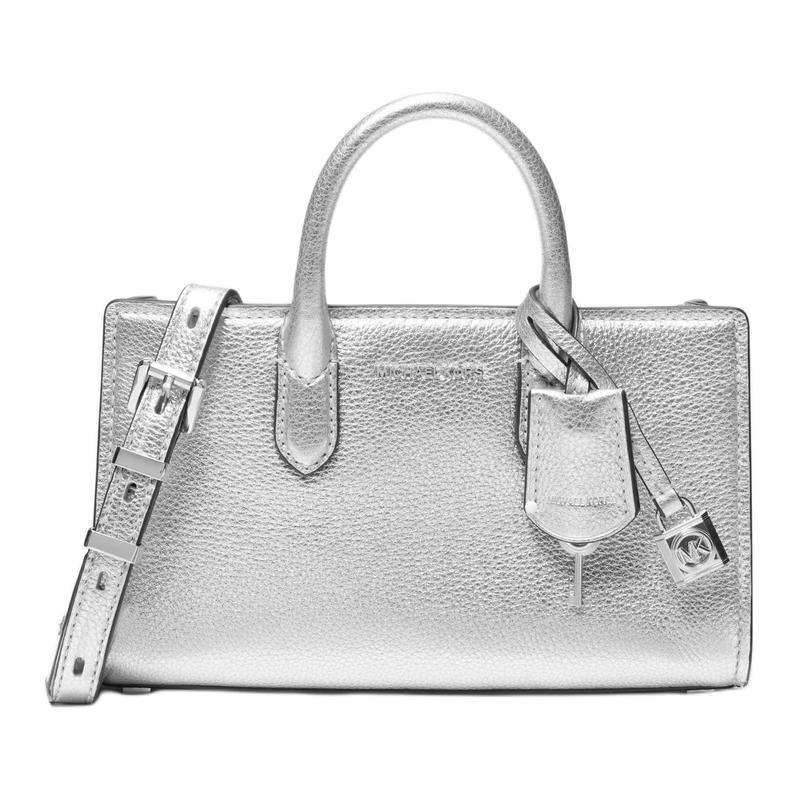 MICHAEL KORS Scarlett Logo Magnetic Closure Calf Leather Shoulder Crossbody Handbag Mini Women s Silver серебряный