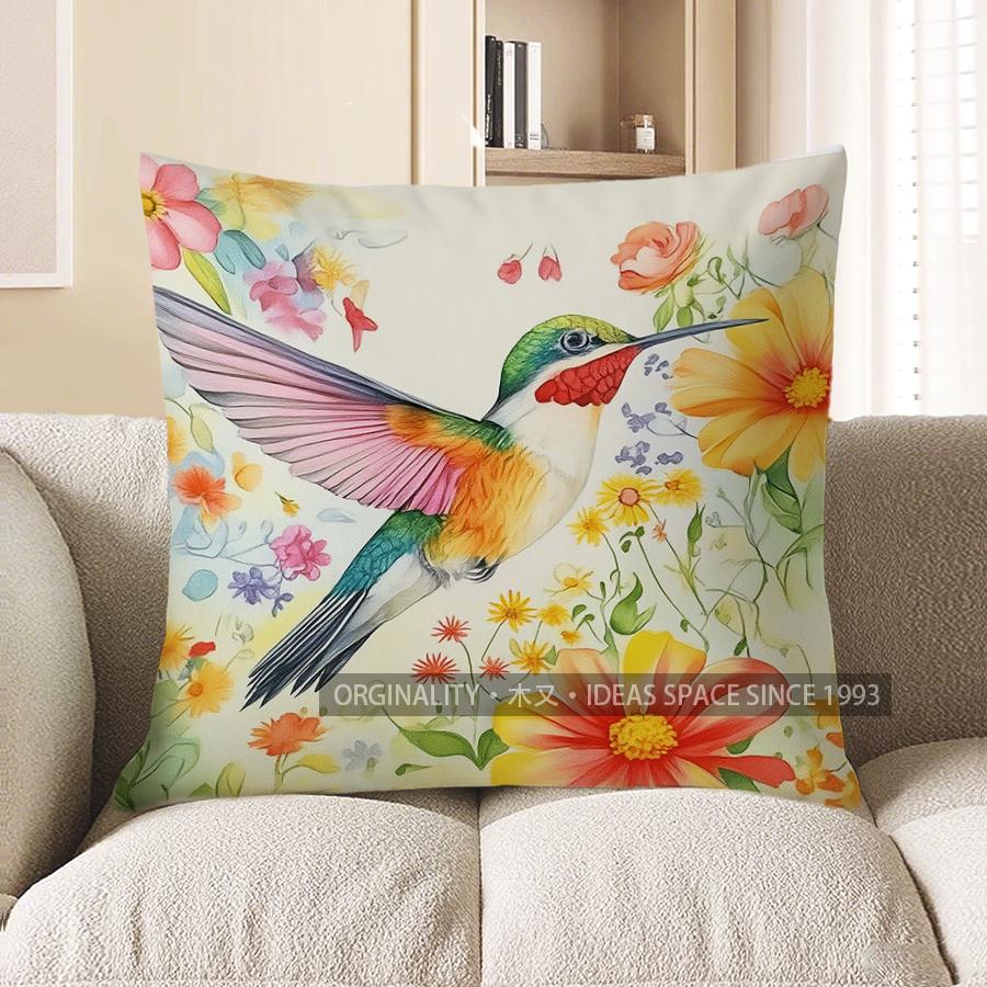 Home Decor Colorful Hummingbird With Flowers And Butterflies Pattern Cushion Cover Suitable For Sofa Bedroom Car Pillow Cover