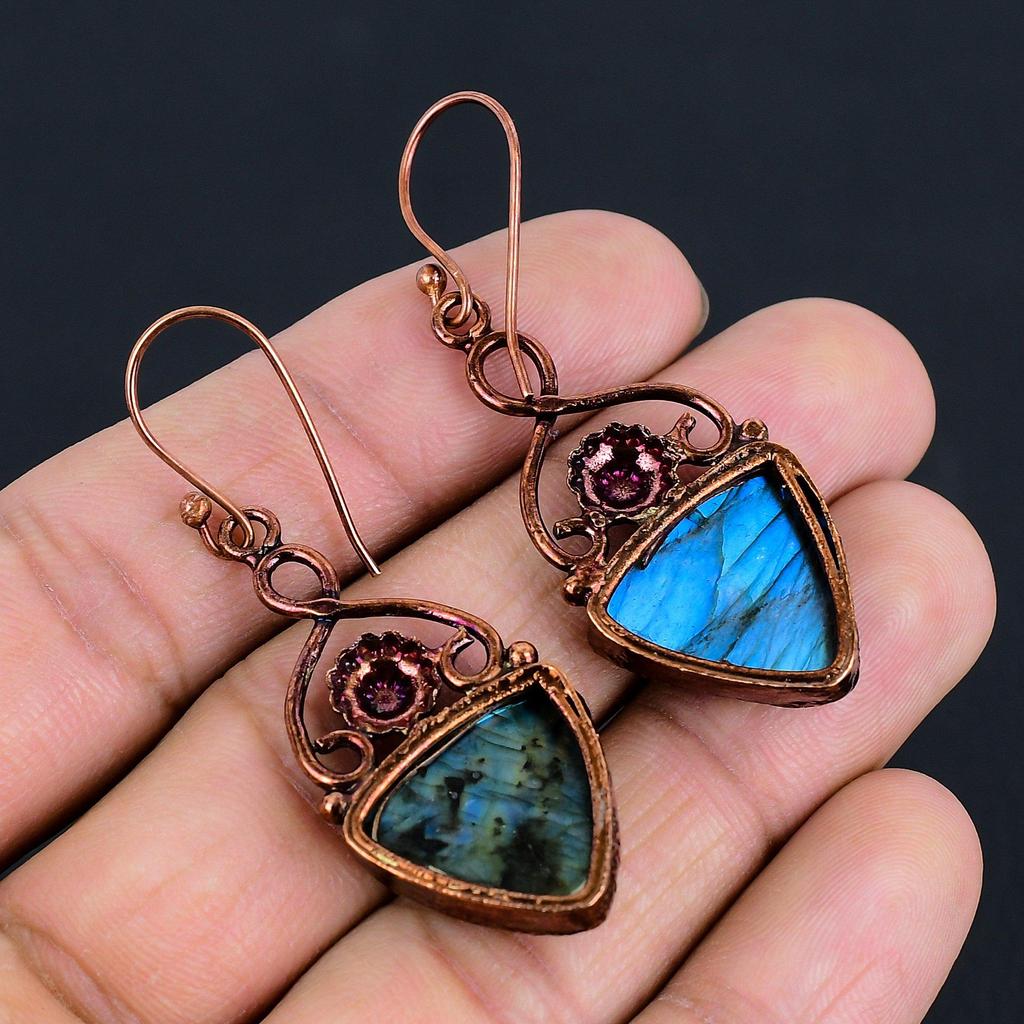 Labradorite Handmade Gemstone Earrings, Copper Electroformed Antique Jewelry Earrings, For Engagement Gift