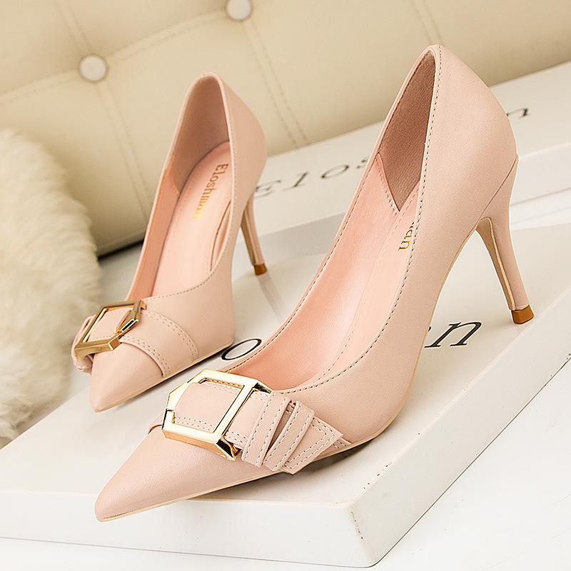 High heels women's shoes high heels shallow mouth pointed metal belt buckle thin single shoes