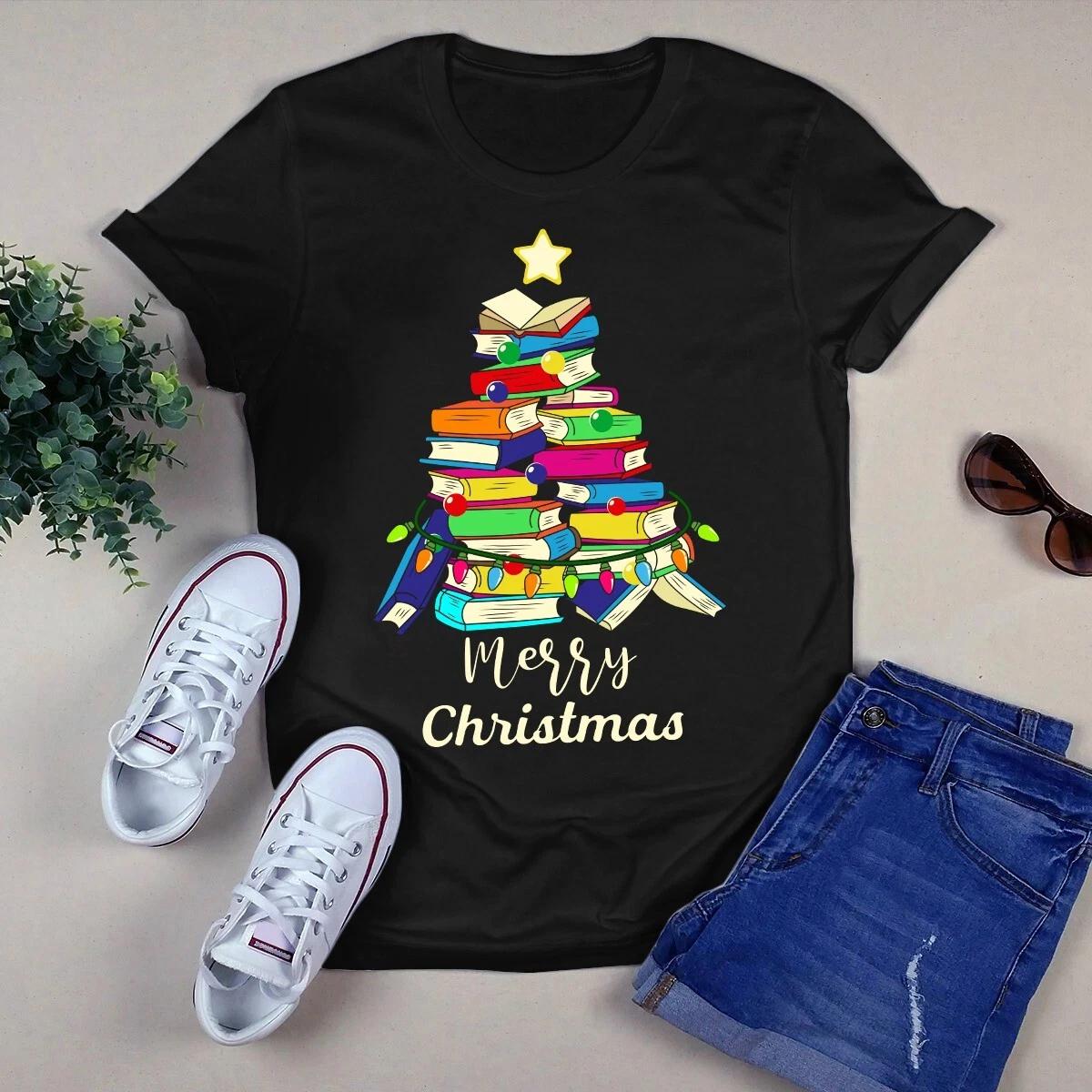 Book Christmas Tree Xmas Light Merry Christmas Gift Men s and Women s T-shirts L