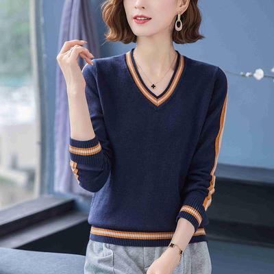 Women's V-Neck Knit Top Spring Autumn & Winter Sweater Loose Versatile Slim-Fit Elegant Base Layer