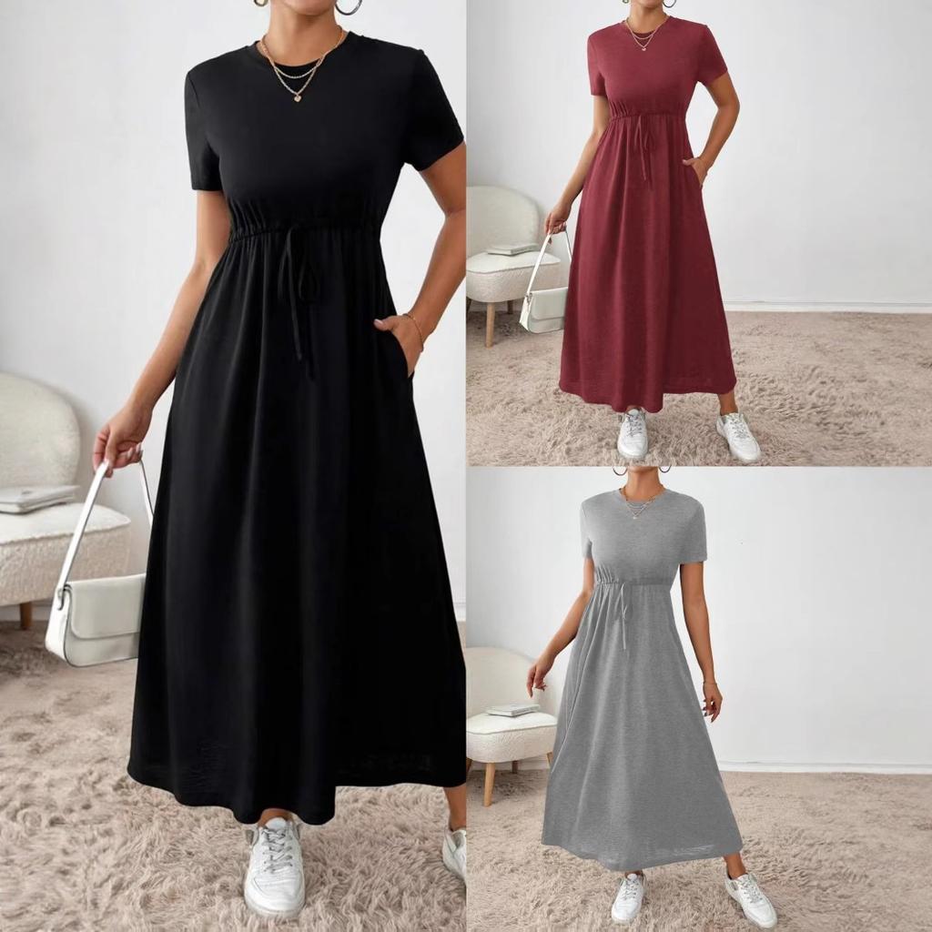 Crew Neck Solid Color Dress - Short Sleeve Drawstring Waist Side Pocket Shift Dress, Casual Breathable Cotton Tunic, Minimalist Everyday Outfit