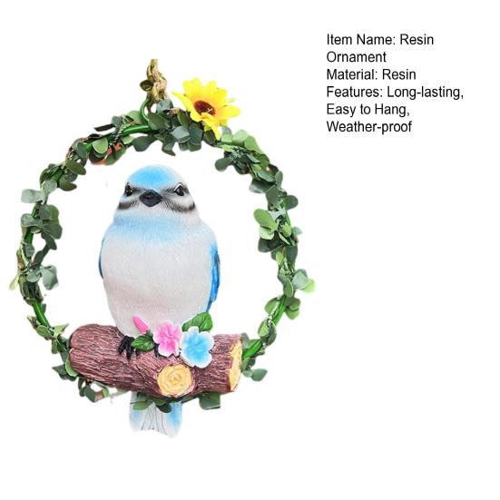 Bird On Wreath Figurine Resin Bird Hanging Decoration Garden Tree Hanging Bird Statue for Patio Porch Terrace Windows