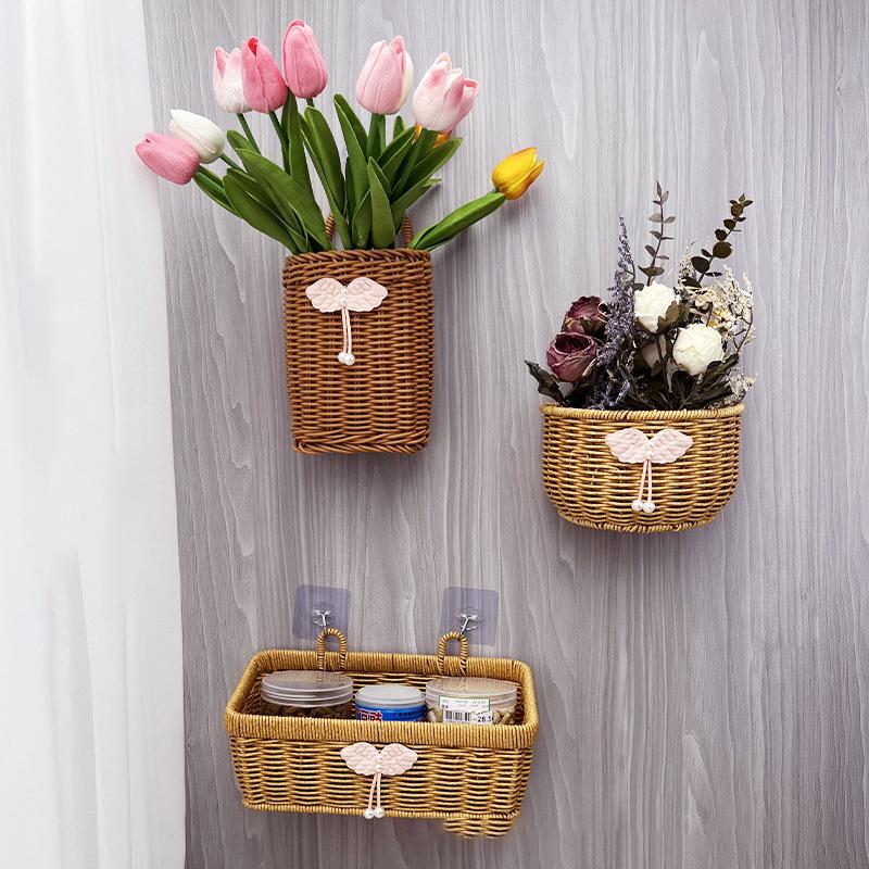 With Handle Kitchen Storage Basket Imitation Rattan Brown Wall Hanging Basket Gift Living Room Hand-Woven Hanging Baskets