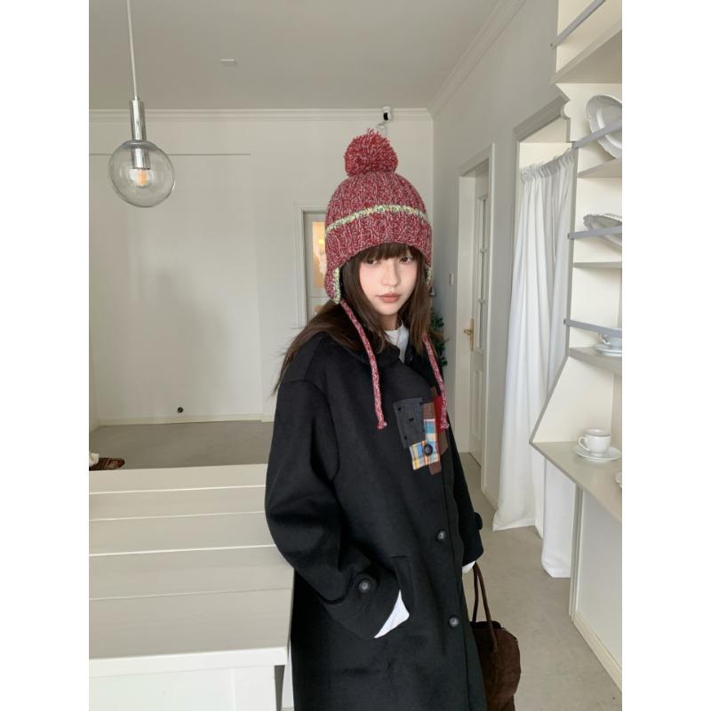 Fashion Knit Hat With Ear Flaps Tie Pom Pom Warm Winter Hat