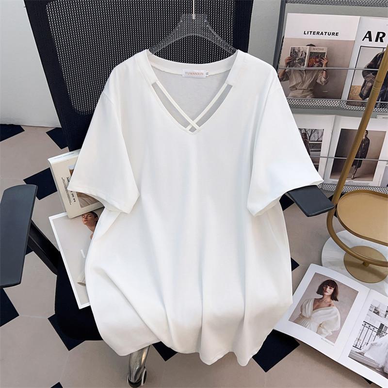 

Plus Size Slimming V-Neck Short-Sleeve Mid-Length T-Shirt for Women 4XL