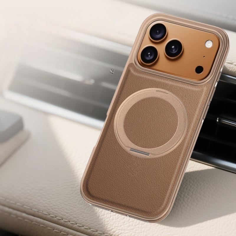 360 Rotating Plain Lychee Magnetic Leather Phone Case For iPhone 17 Pro Max 16 Plus 15 14 13 kickstand Shockproof Slim Cover