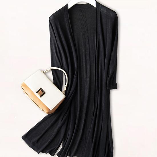 

Женский длинный летний вязаный кардиган из тонкого ледяного шелка, мягкий модальный кардиган, свободная базовая простая рубашка с длинным рукавом с кондиционером, кардиганы M чёрный