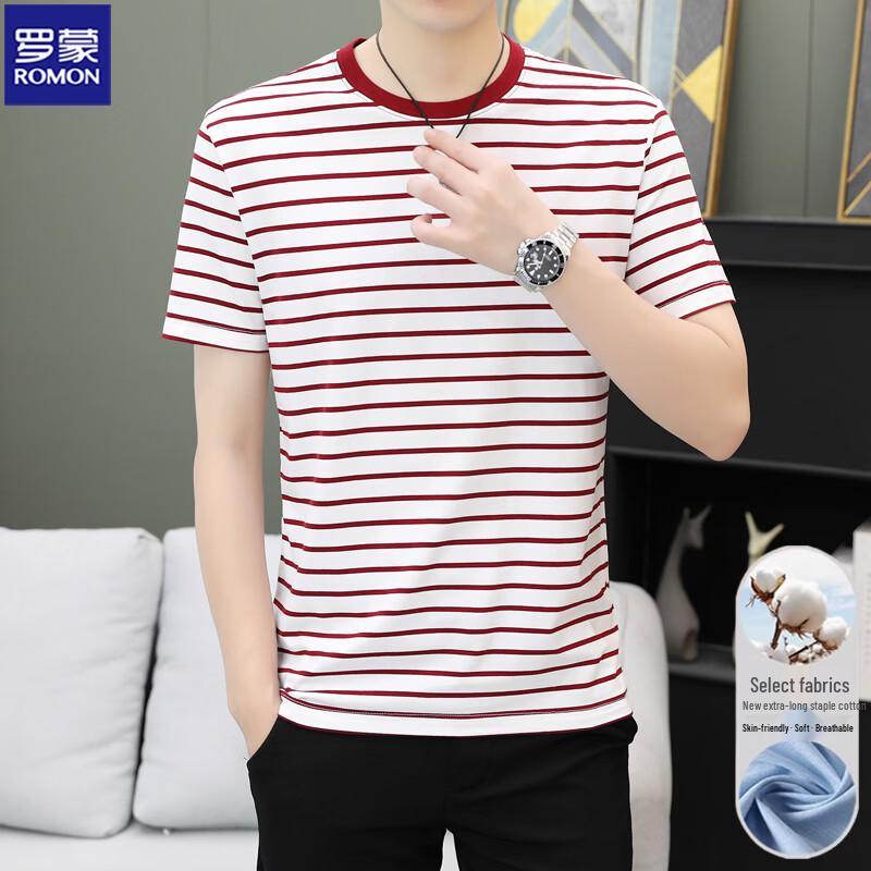 ROMON Men's Cotton Blend Striped Round Neck Short Sleeve T-Shirt