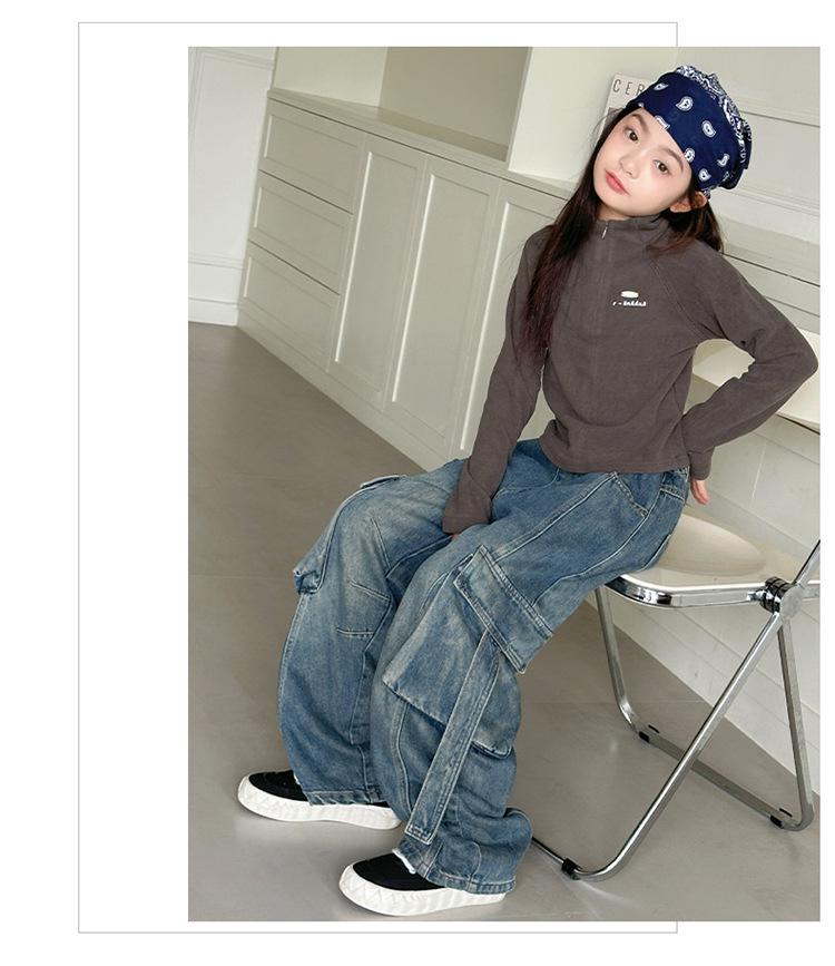 Girls' Retro Wide-Leg Cargo Jeans with Big Pockets - Distressed Loose Fit for Spring & Autumn