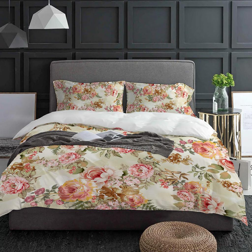 Vintage Blume Blatt Abstrakt 3-teiliges Bettwäscheset für Doppelbett Heimtextil Bettbezug Steppdeckenbezug Kissenbezug