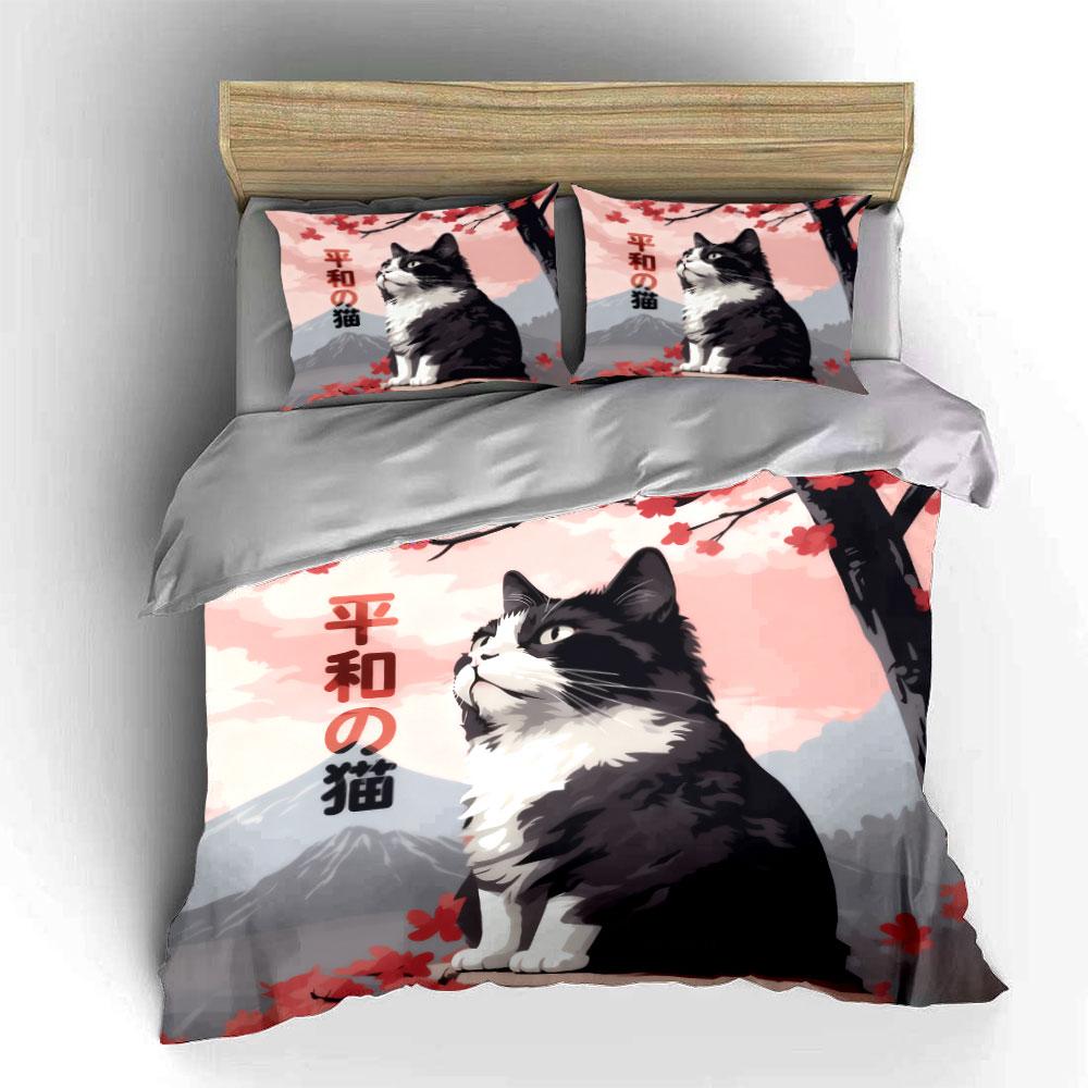 Cat Art Print Home Decor Set Soft Comfortable Duvet Cover Bedding Set Included 1*Duvet Cover & 2*Pillowcases, Gift