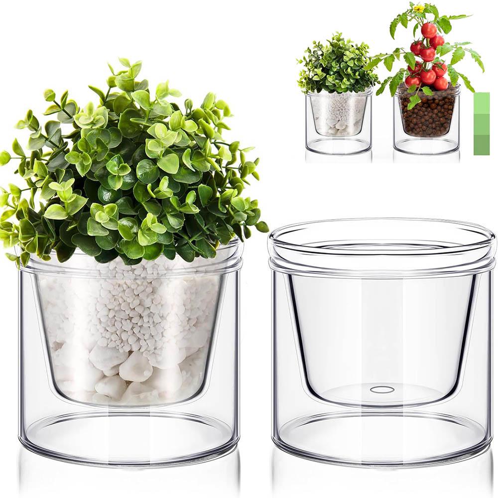 Self Watering Pot for Indoor Plants Clear Glass Planter Small Plant Pot with Saucer Reservoir Drainage Holes Bottom Watering Pot