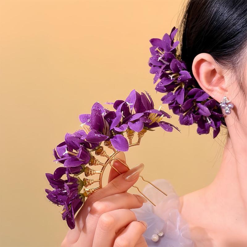 Handmade Floral Fan Hairpin Delicate Colorful Flower Design Anti-Slip Traditional Hair Accessory for Hanfu Travel Photo Shoots