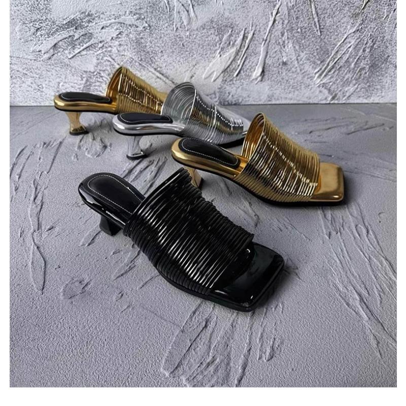 Fashion Square Toe Stiletto Sandals for Women Summer Shiny Solid Color High Heels Casual Half Slippers Shoes for Women Designer Sandals