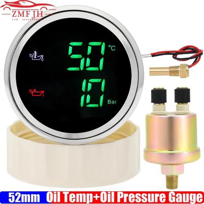 Digital 2 IN 1 Oil Temperature+Oil Pressure Gauge Green Red LED 52mm Gauge with Oil Press/Temp Sensor for Car Boat 12V24V