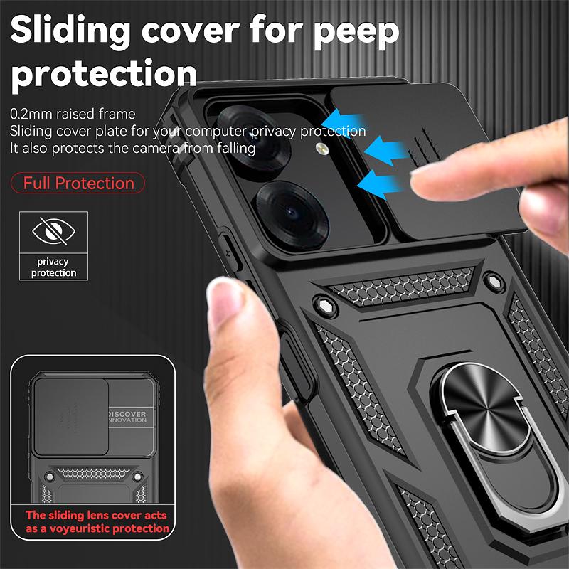 Armor Funda for Xiaomi Poco C65 Case Slide Camera Lens Protection Phone Cover Pocco Poko Little C65 C 65 PocoC65 Ring Stand Case