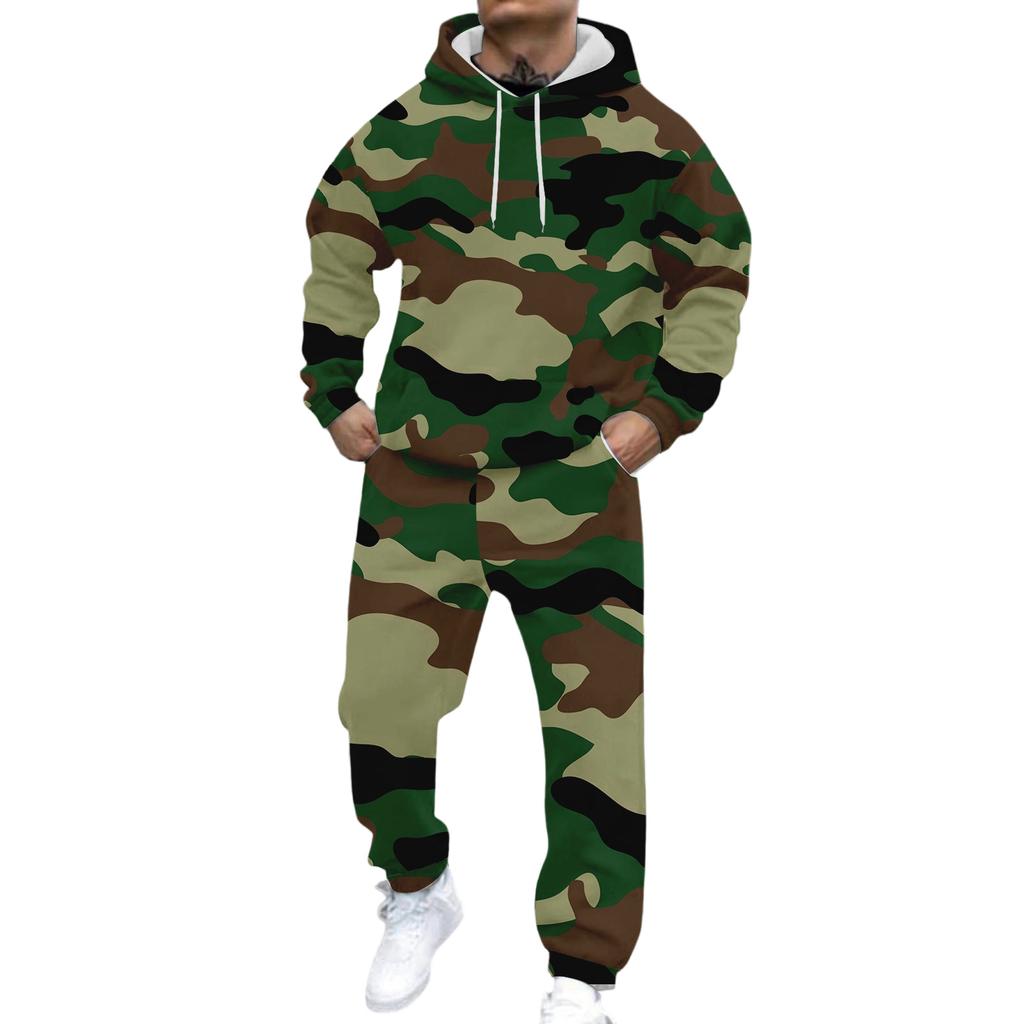 Erkek Rahat Ve Kişiselleştirilmiş Baskılı Uzun Kollu Kapüşonlu Sweatshirt, Erkek Spor Sweatshirt Ve Eşofman Altı İki Parça Set