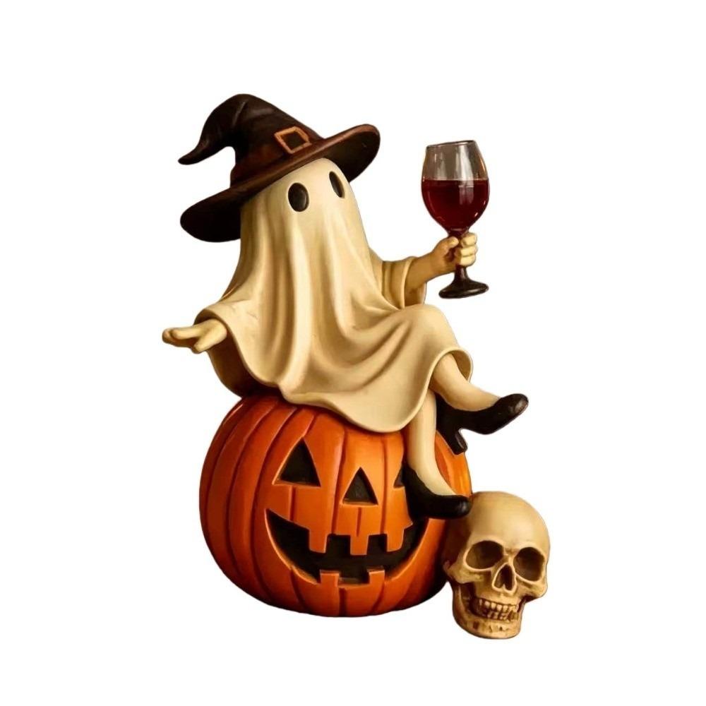 Holding a Wine Glass Halloween Ghost Figurine Cartoon Tabletop Figurine Witch Statue Ghost Decor
