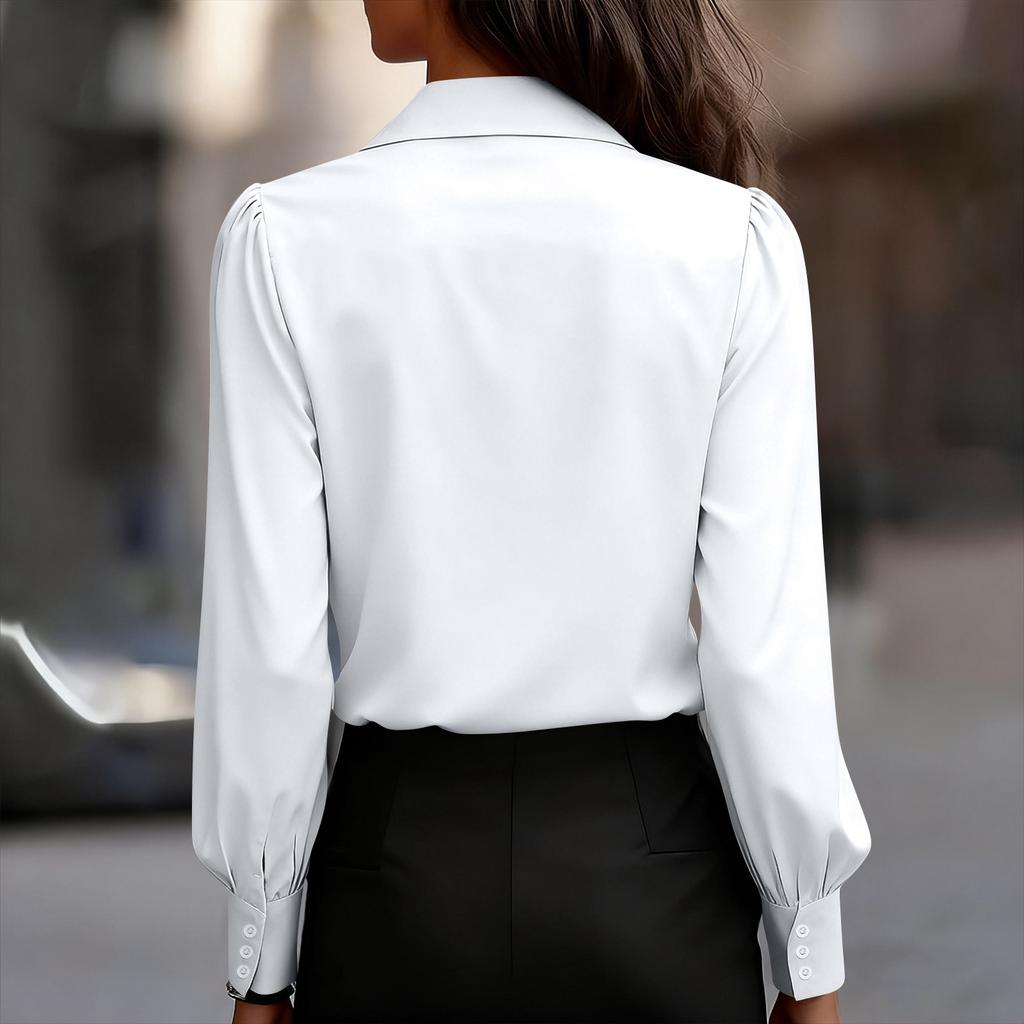 Women's Fashionable Color Lapel Casual Button Long Sleeved Shirt Top