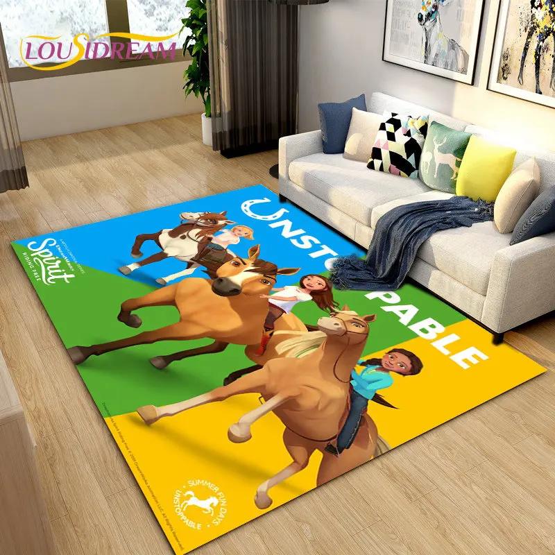 Cartoon Spirit Riding Free Horses Area Rug,Carpet Rug for Living Room Bedroom Sofa Doormat Decoration, Kids Non-slip Floor Mat