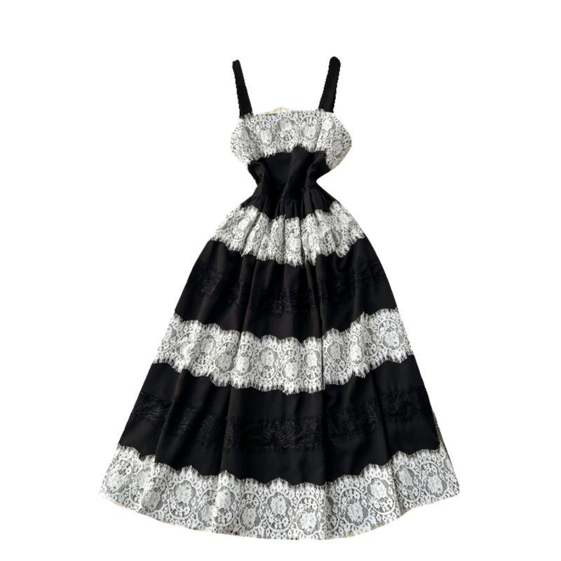 Stylish Lace Lace Color Contrast Patchwork Sexy Tube Top Strappy Dress Female French Small Dress Vacation Dress